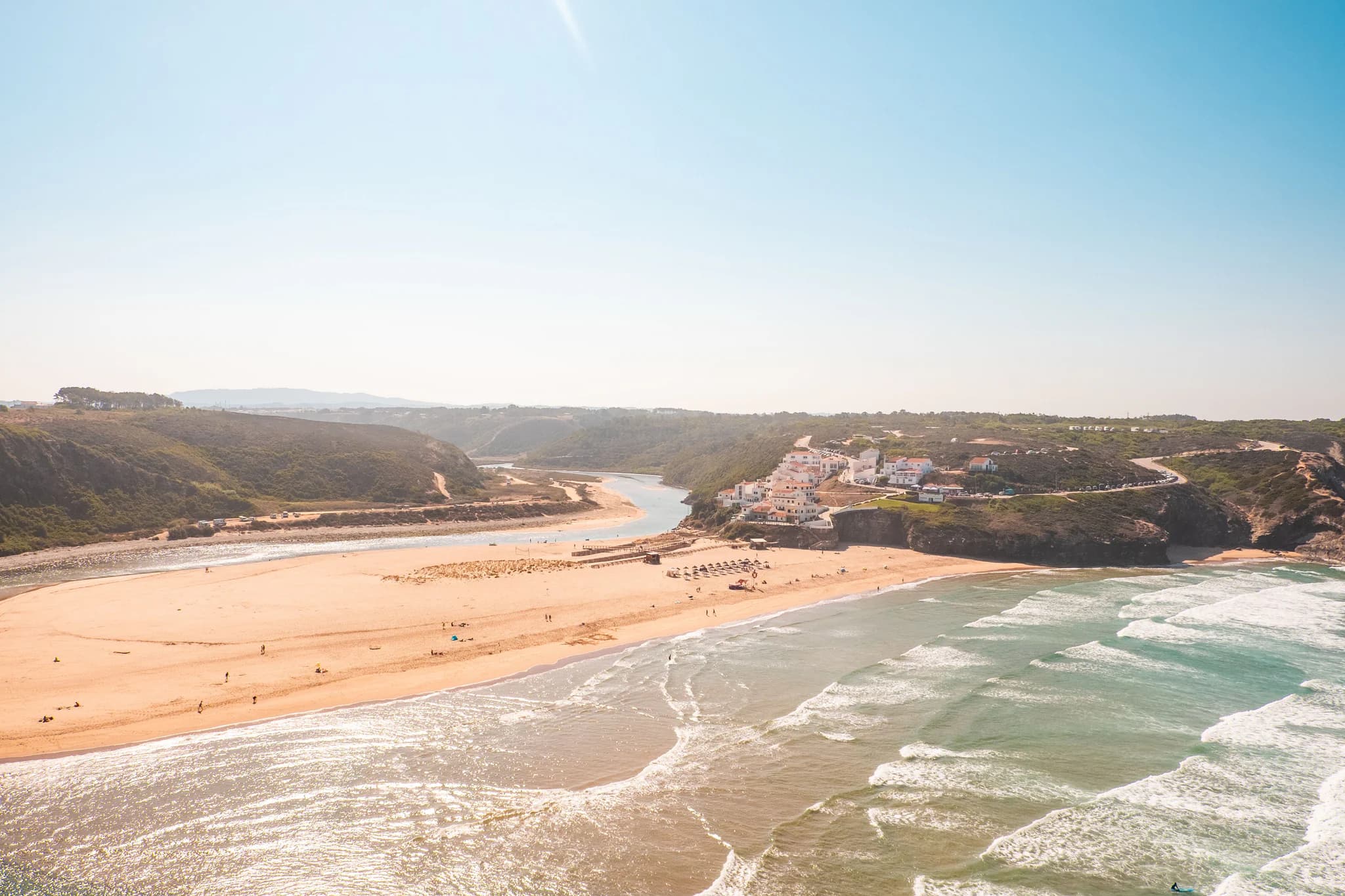 Aerial view of Odeceixe beach and river mouth